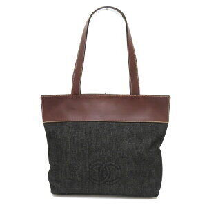 CHANEL Coco Mark Tote Bag circa Denim Leather Black Brown